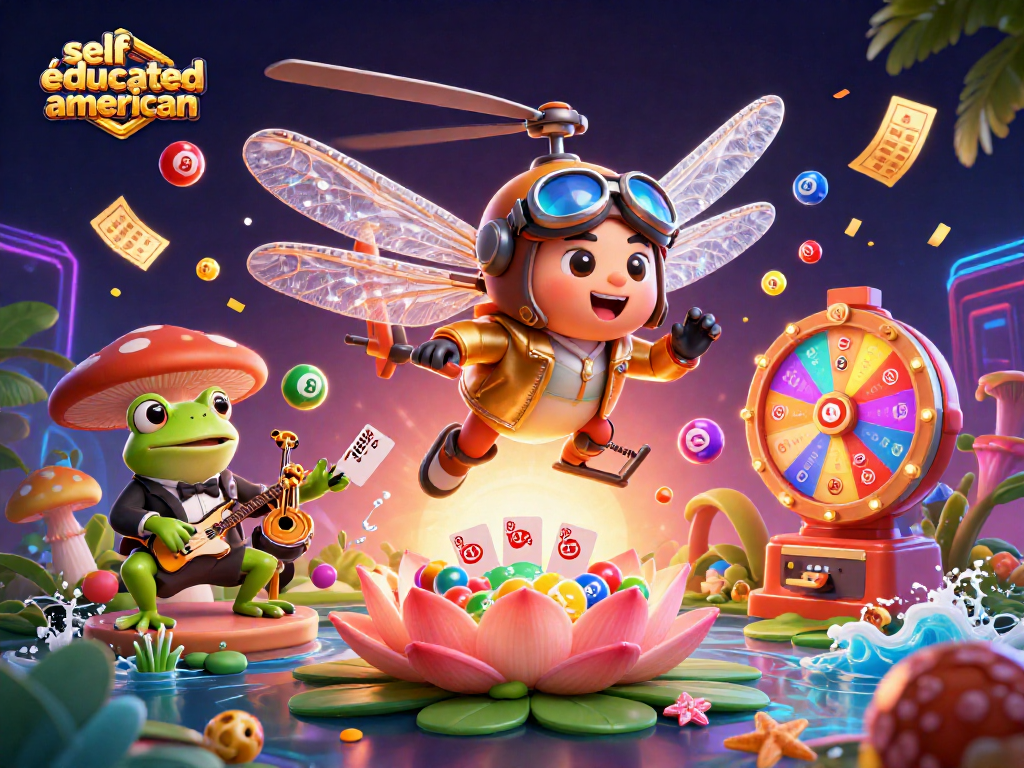Engage in casino fun at selfeducatedamerican with a dynamic scene featuring a dragonfly pilot and a frog dealer.