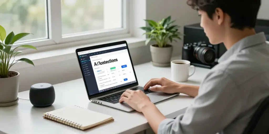 Engaged user leveraging online AI text generator in modern workspace.