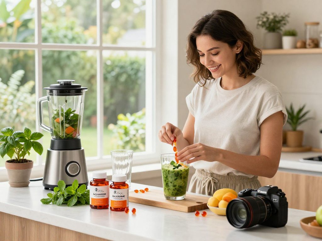 Healthy preparation of smoothie with astaxanthin softgels for vitality