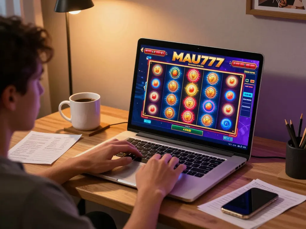 Engaging in online slots at MAU777 with colorful reels and warm lighting