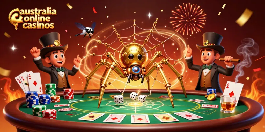Experience thrilling action in australia online casinos with a steampunk-themed golden spider and fun poker elements.