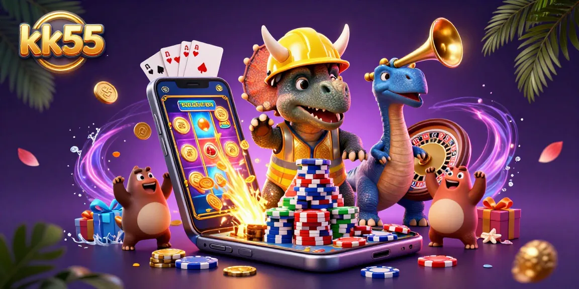 Engage with the vibrant kk55 casino scene featuring a triceratops and parasaurolophus amidst gaming excitement.