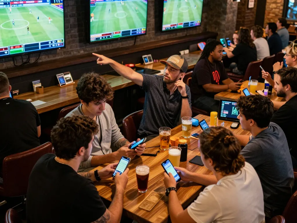 Kèo nhà cái elevates sports betting excitement as friends analyze live game odds in a bustling sports bar.