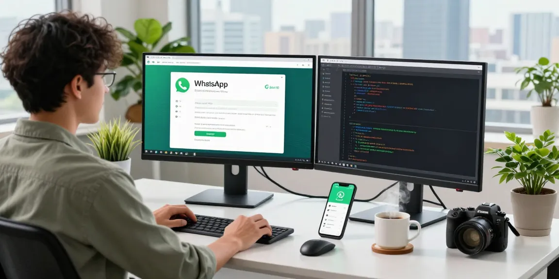 Workstation with WhatsApp下載 interface designs on dual monitors and smartphone notifications in a modern tech workspace.