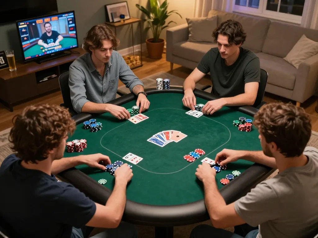 The hidden wiki showcases a vibrant online poker game in a cozy home setting with engaged players.