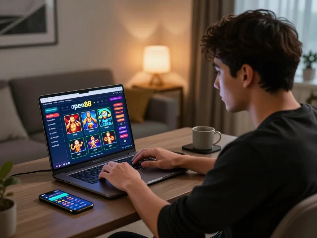 open88 player engaging in online gaming at a stylish workspace, showcasing vibrant casino graphics