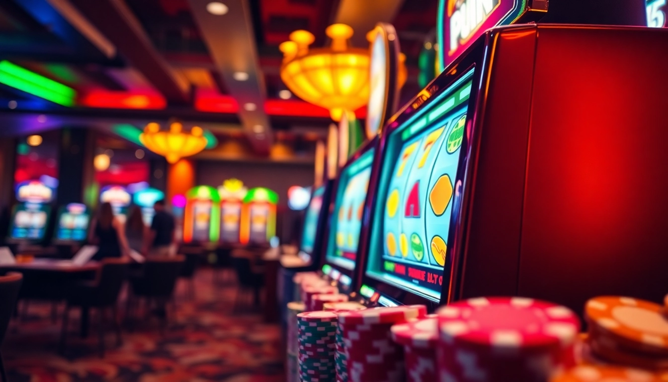Slot Depo 5000 menampilkan mesin slot canggih dengan warna cerah dan suasana kasino yang ramai.