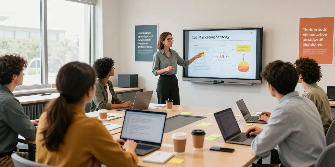 Niche marketing strategy course in a vibrant classroom with adult learners collaborating and engaging.