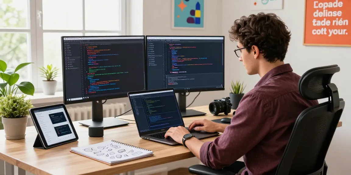 Dynamic workspace showcasing an Android development course with Kotlin in action with dual monitors and creative elements.