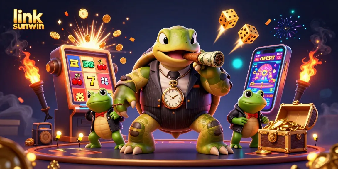 Engage with thrilling wins at link sunwin, featuring a cartoon turtle mobster and an exciting jackpot scene.