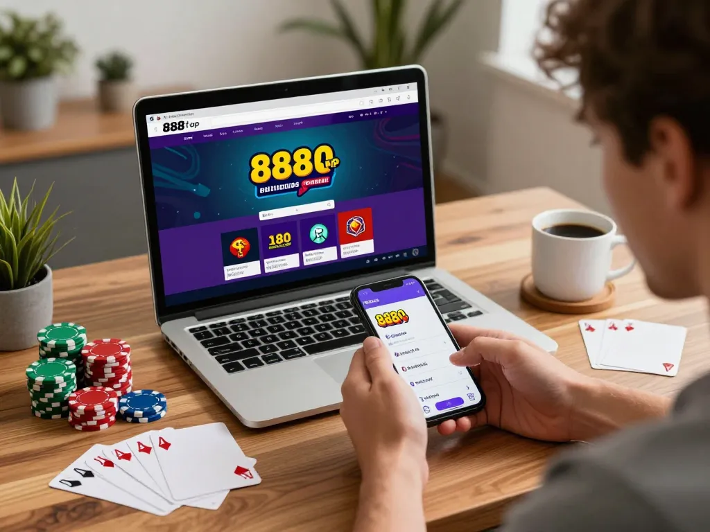 Player enjoying online gaming experience with the 888top app on smartphone, surrounded by strategic poker notes.