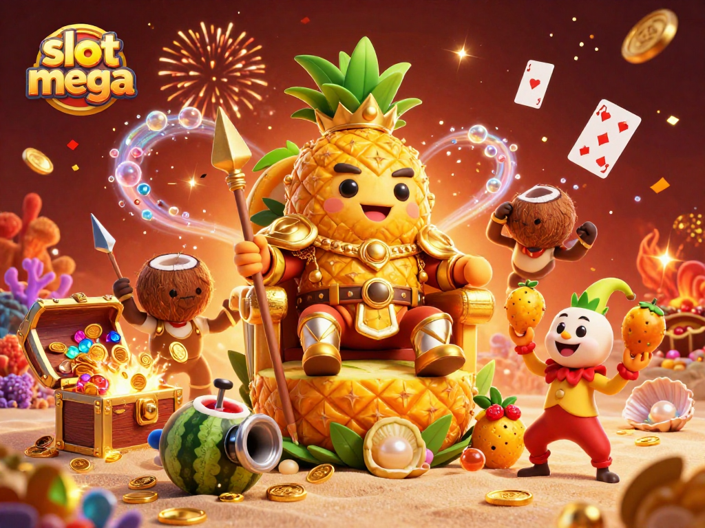 Experience the thrill of slot mega gaming with a golden pineapple king and vibrant casino elements.