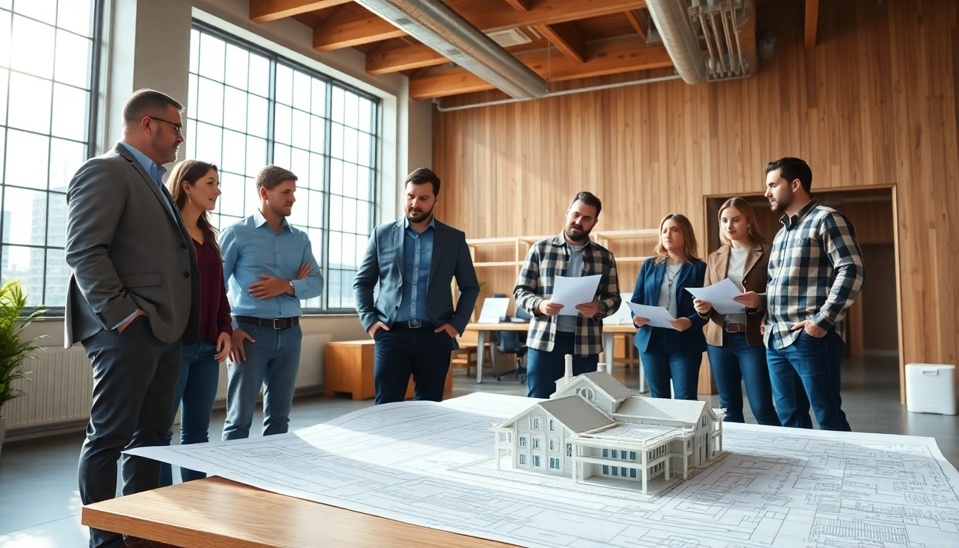 Engaged team at a real estate construction company collaborating on architectural plans.