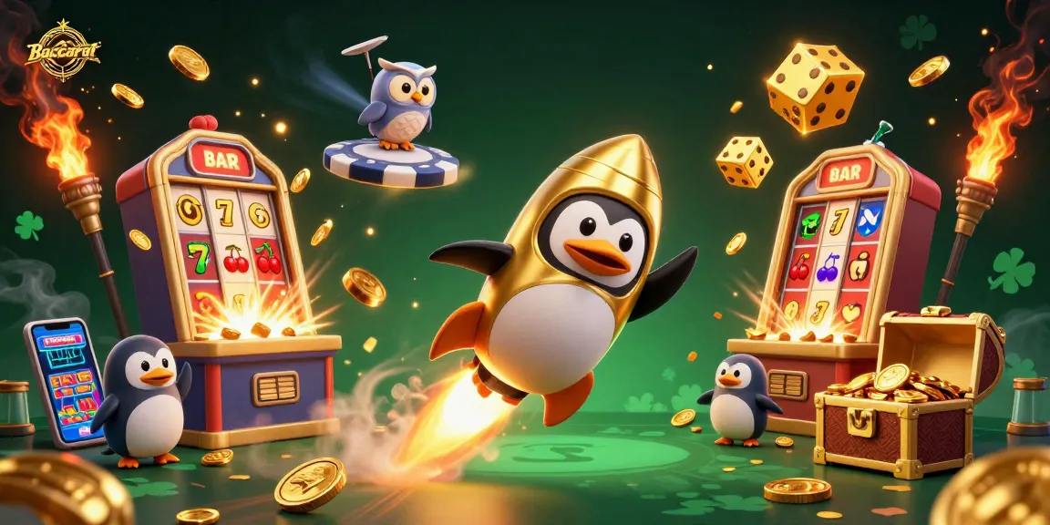 Baccarat-themed dynamic illustration featuring a golden penguin and vibrant gaming elements in a casino atmosphere