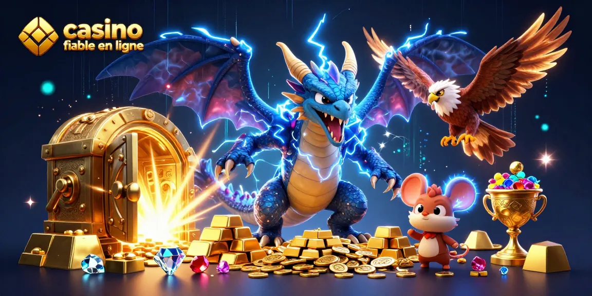 Jouez à casino fiable en ligne avec une illustration dynamique mettant en scène un dragon et des trésors.