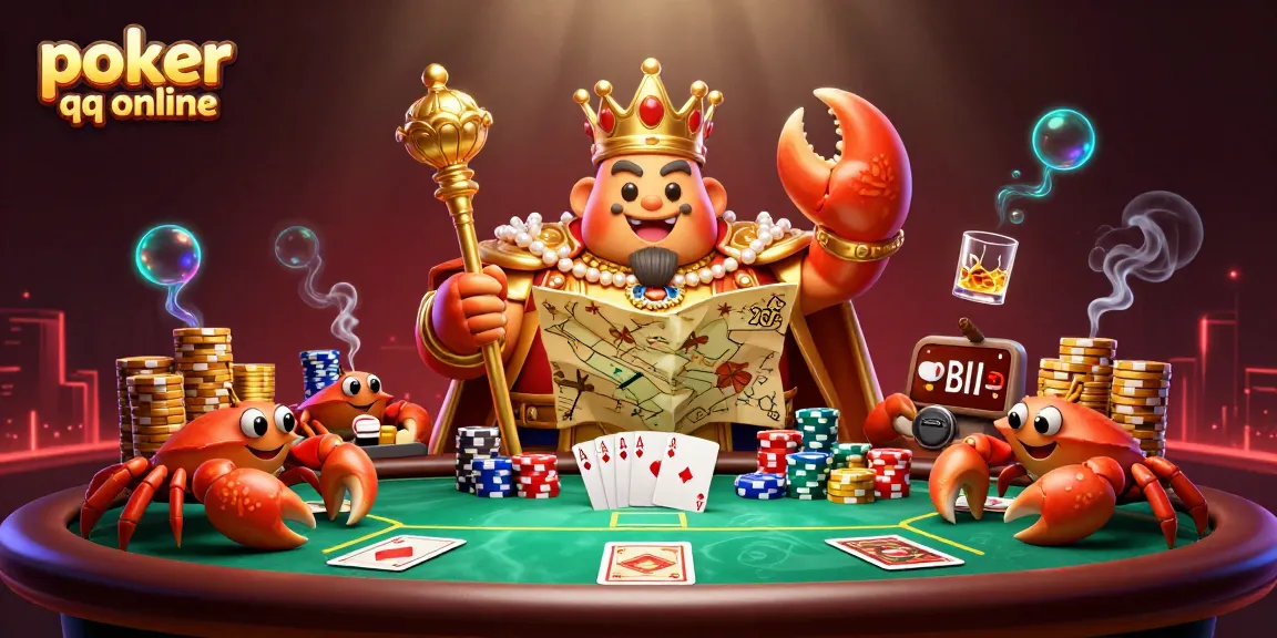 Experience intense poker qq online action with a golden crab emperor and poker elements.