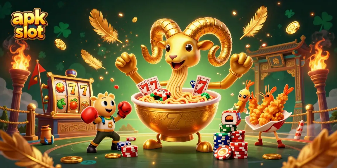 Engage with apk slot adventures featuring a vibrant 3D golden ramen bowl and exciting casino-style elements.