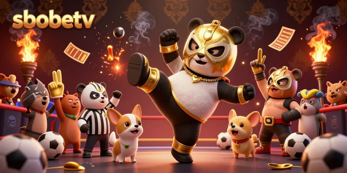 sbobetv sports betting excitement with a wrestling panda, referee chihuahua, and lively animal fans