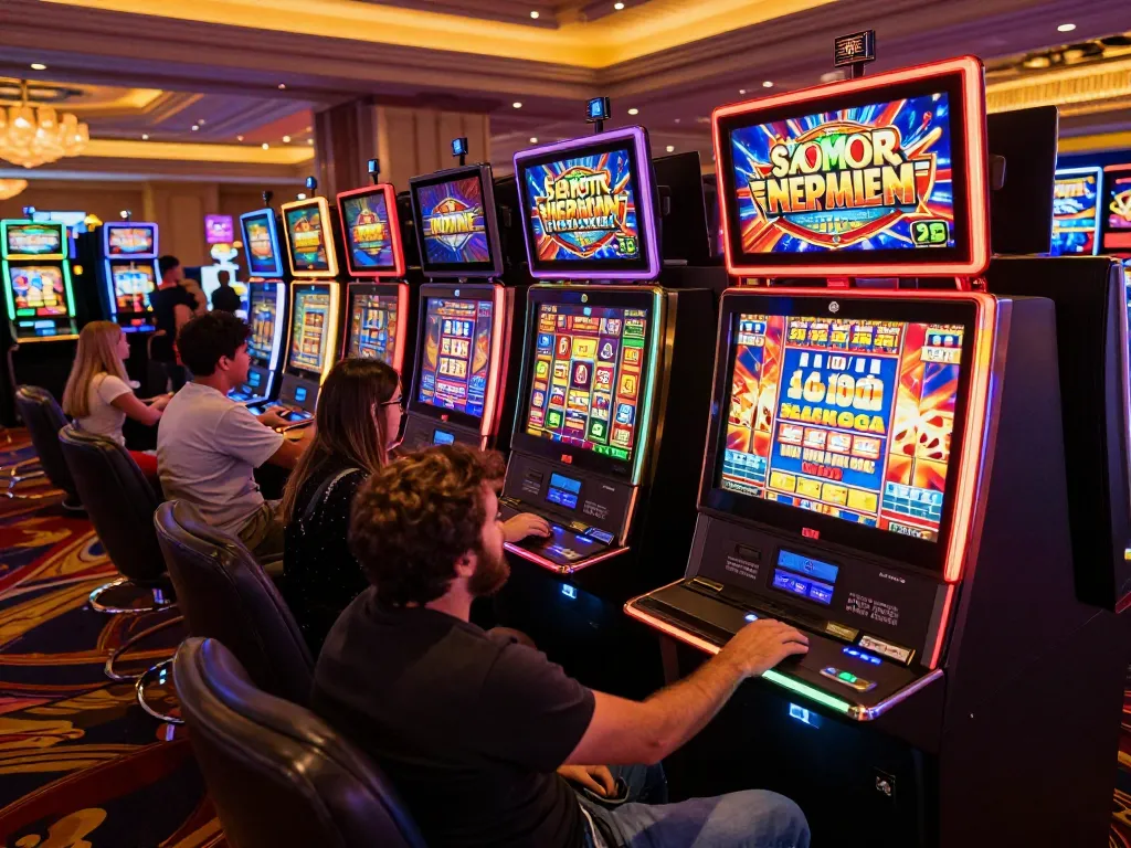 Players engaging with colorful slot machines, focusing on strategic slot bet 100 gameplay in a lively casino