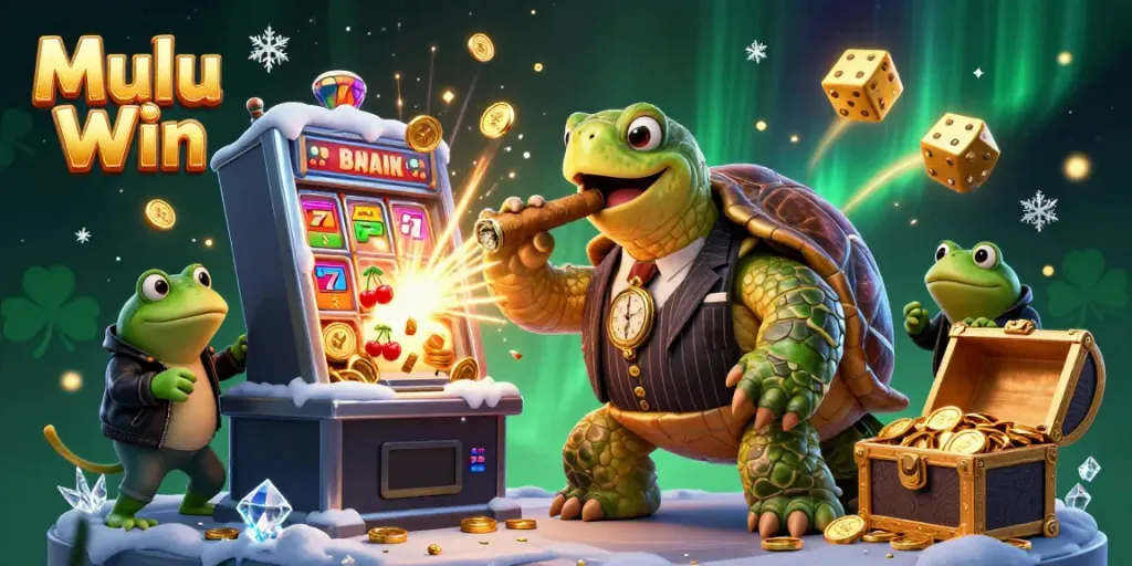 Mulu Win showcases an energetic casino scene with a snapping turtle mobster and bullfrog enforcers amidst a jackpot explosion.