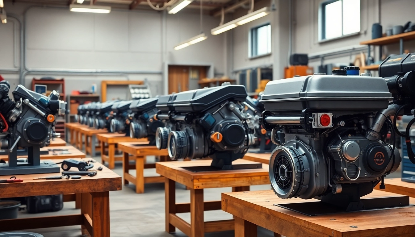 Showcase of used engines in a well-lit workshop, emphasizing diverse models and mechanical details.