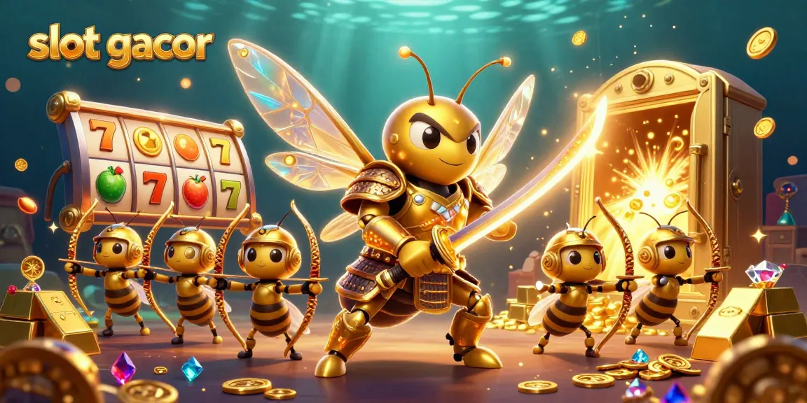 Experience the thrill of slot gacor with a vibrant 3D cartoon illustration of a golden hornet samurai and dynamic game elements.