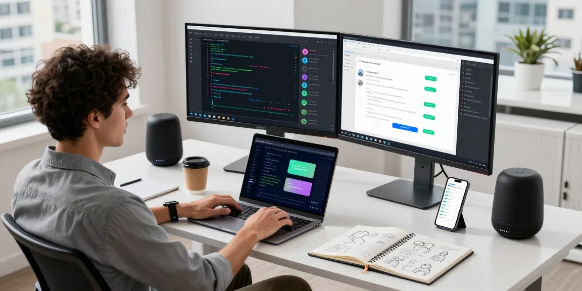 Developer coding on a modern setup for an innovative sex bot application.