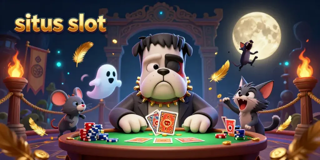 Experience situs slot excitement with a whimsical 3D casino scene featuring unique characters and vibrant gaming elements.