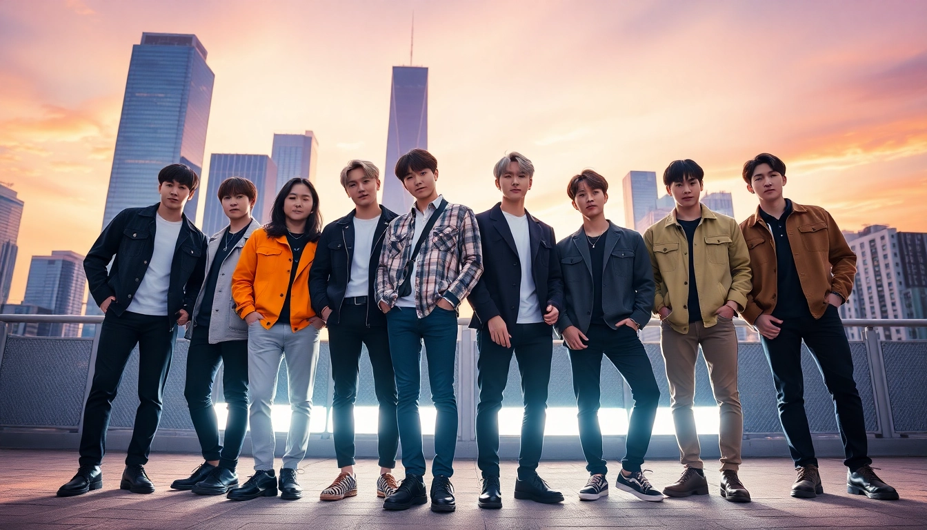 BTS members showcasing their unique styles in an energetic urban setting during sunset.