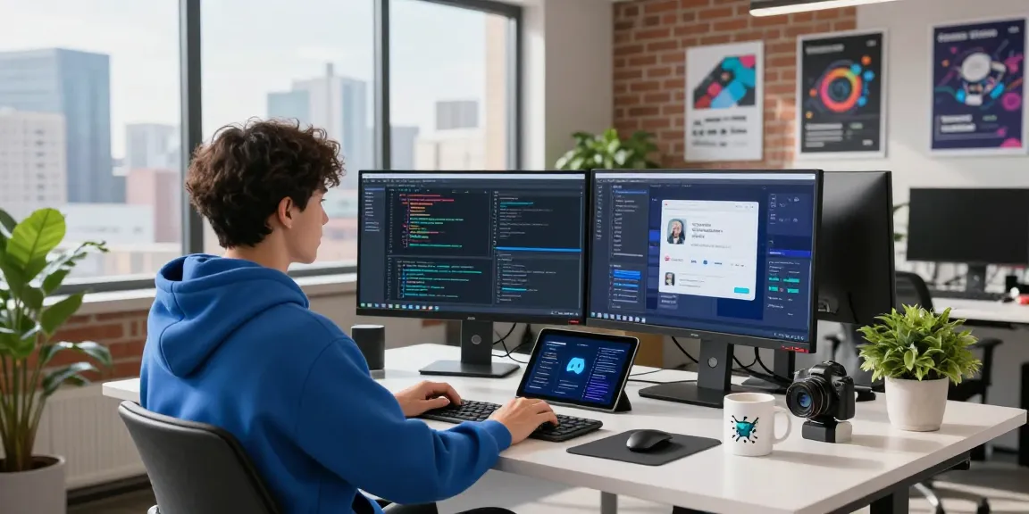Developer engaging with crush ai in a modern tech workspace with vibrant city views