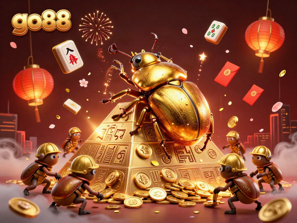 Join the excitement with go88's golden beetles rolling in a rich casino-themed spectacle.
