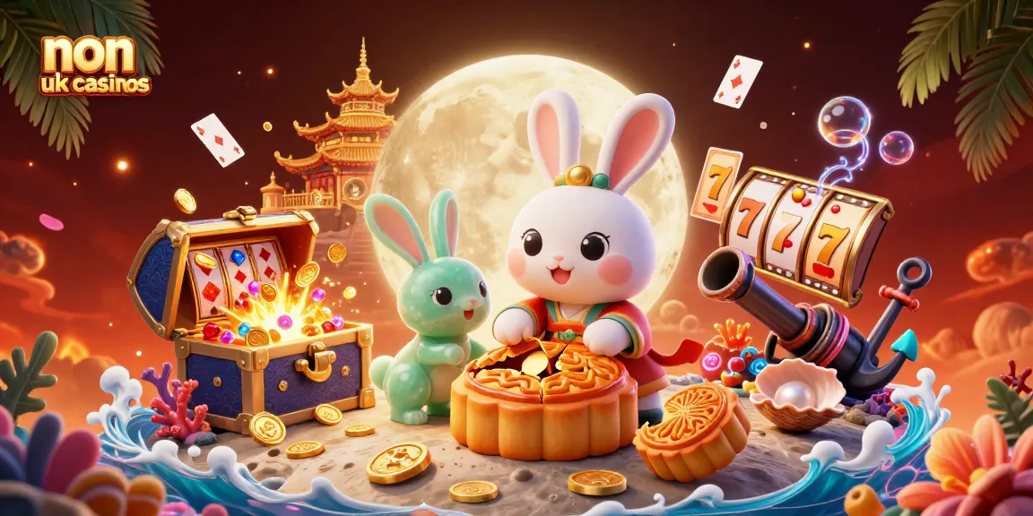 Engaging scene featuring non UK casinos with moon rabbit and vibrant casino elements like poker chips and slots.