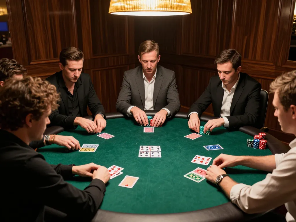 Players engage in a strategic poker game at 388bet's exclusive VIP room, chips and cards focus