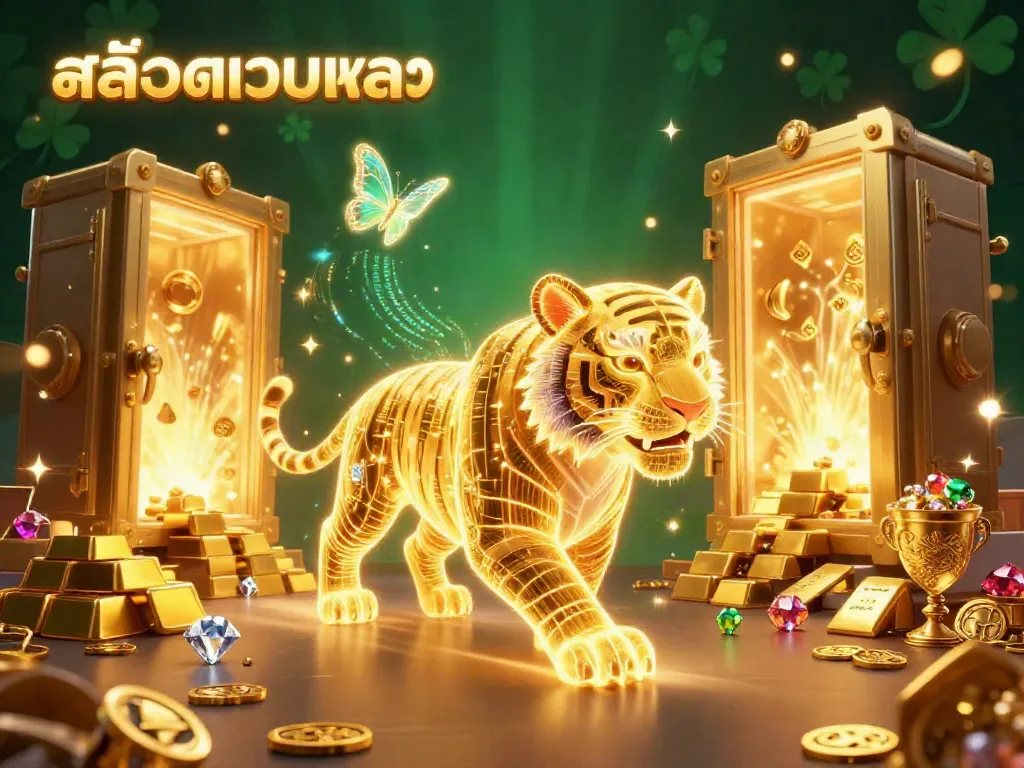 Experience stunning สล็อตเว็บตรง casino scenes featuring a golden tiger amid treasures in vibrant 3D.