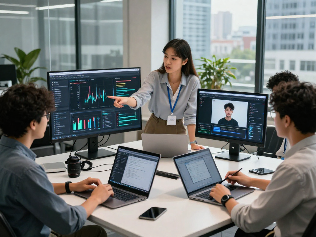 AI detector workspace showcasing diverse professionals analyzing content moderation metrics and AI-generated images.