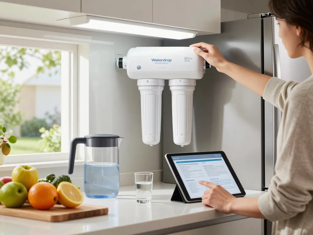Installing Waterdrop Alkaline LT1000PC ADQ747935 Replacement for LG® LT1000P®/PC/PCS ThinQ® Refrigerator Water Filter in a modern kitchen.