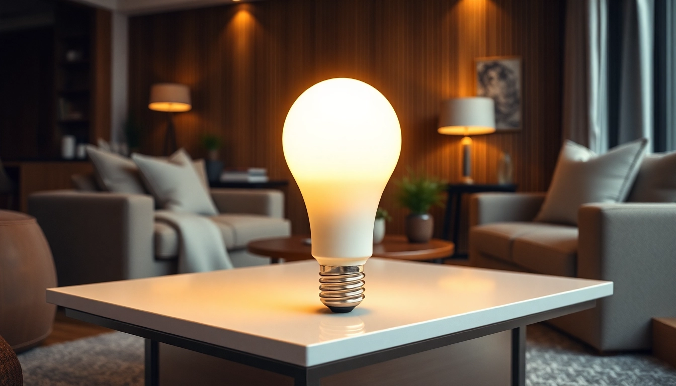 What is an A19 bulb illuminating a stylish living room, showcasing its design and warm glow.