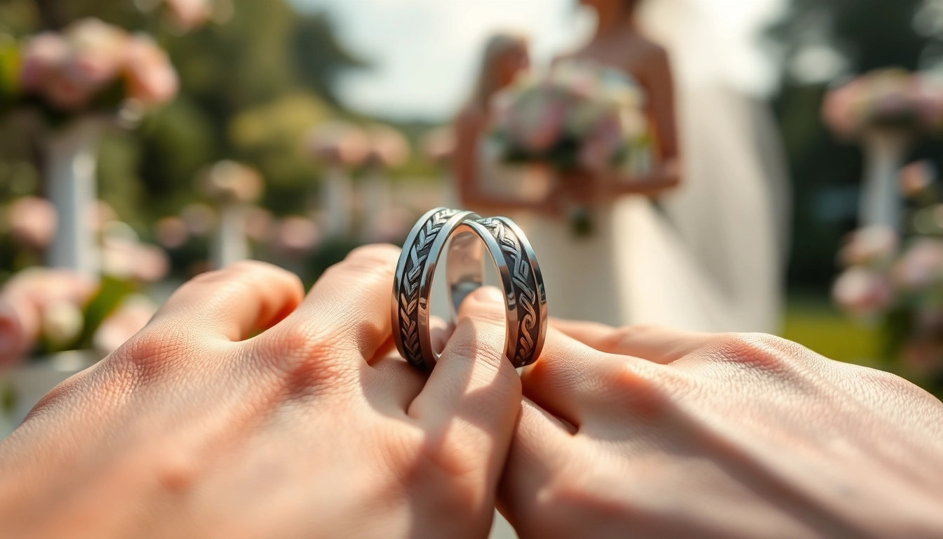 Showcasing stunning tungsten wedding bands with a romantic wedding backdrop.