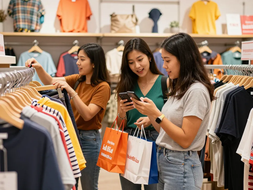 Customer shopping at a vibrant fashion store while checking deals on https://hubet88.icu/ and engaging with an assistant.