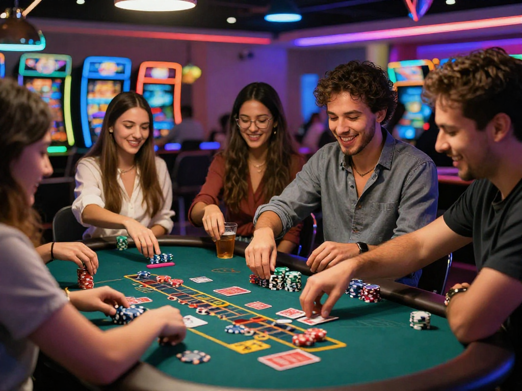 Sòng bạc Jin88: Nhóm bạn chơi game vui vẻ với ánh đèn sống động.