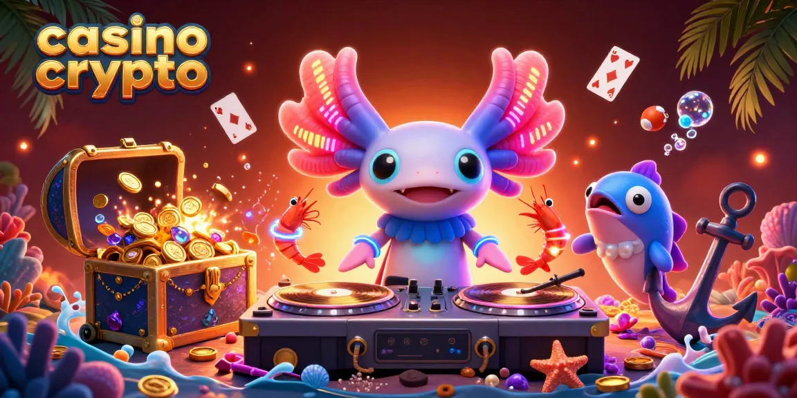 Divertiti nei casinò crypto con questa illustrazione di un DJ e giochi subacquei esplosivi.