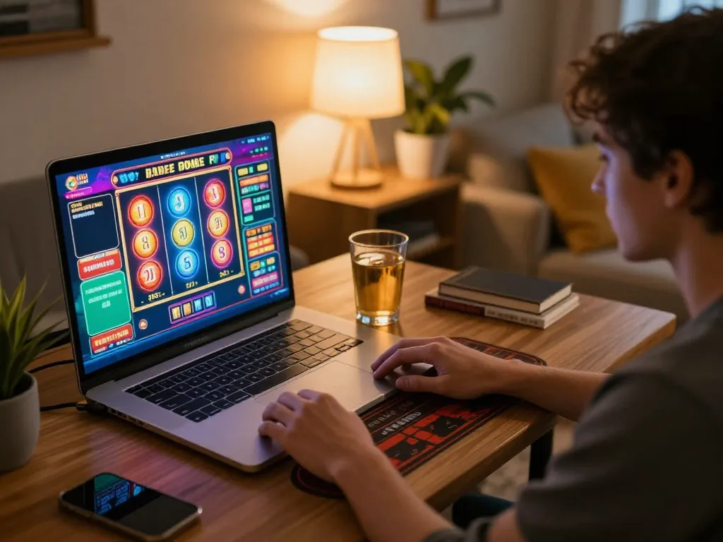 KJC player engaging with online slot game on laptop at home, showcasing excitement and strategic gameplay.