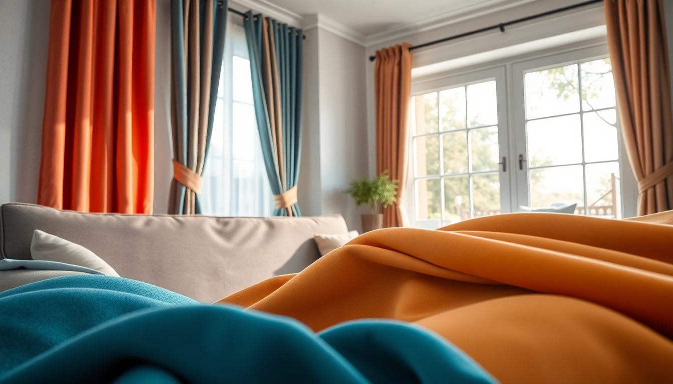 Aanbieding van gordijnstof kopen online in een stijlvolle interieursetting met diverse stoffen.