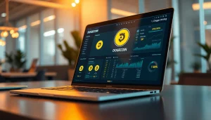 Dogecoin cloud mining interface displayed on a modern laptop, symbolizing cryptocurrency innovation.