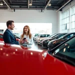 Couple discussing options to buy a car in a bright dealership with various models.