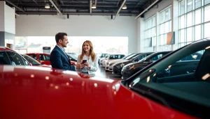 Couple discussing options to buy a car in a bright dealership with various models.