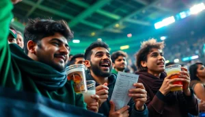 Engaged fans celebrating sports betting in India create an energetic atmosphere in a vibrant stadium.