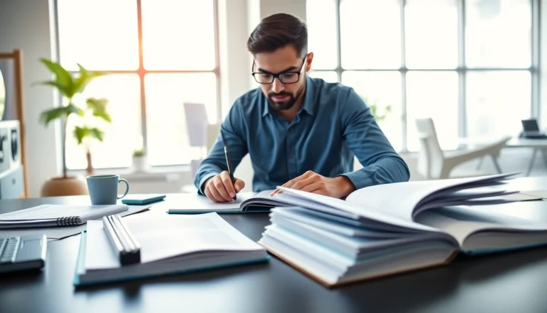 Engaging in Technical Documentation Services, a professional writer crafts detailed manuals in a modern workspace.