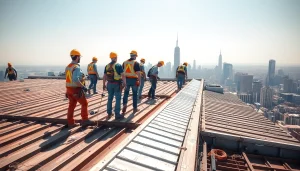 Delivering expert commercial roofing services with a dedicated team on a bustling rooftop setting.