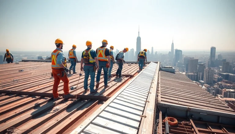 Delivering expert commercial roofing services with a dedicated team on a bustling rooftop setting.